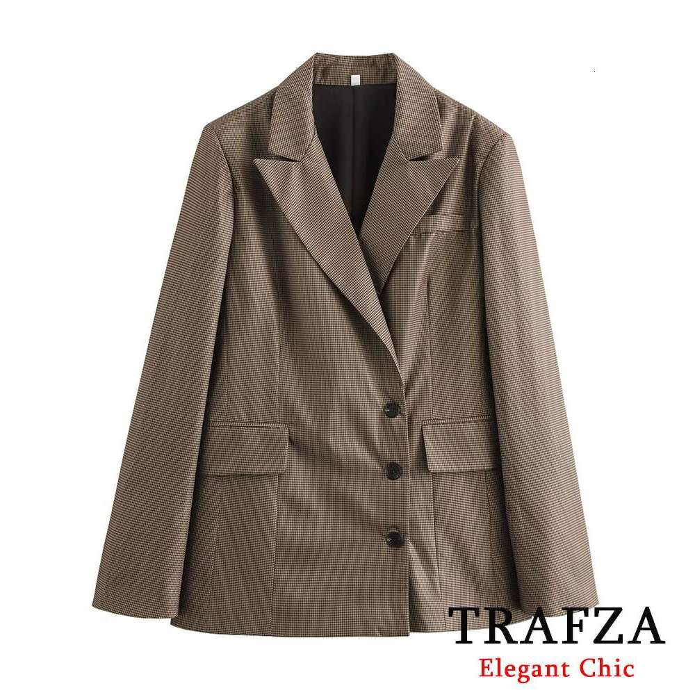 TRAFZA Elegant Pinstripe Office Women Lapel Pocket 2024 New Spring Autumn Fashion Old Money Commuter Blazer