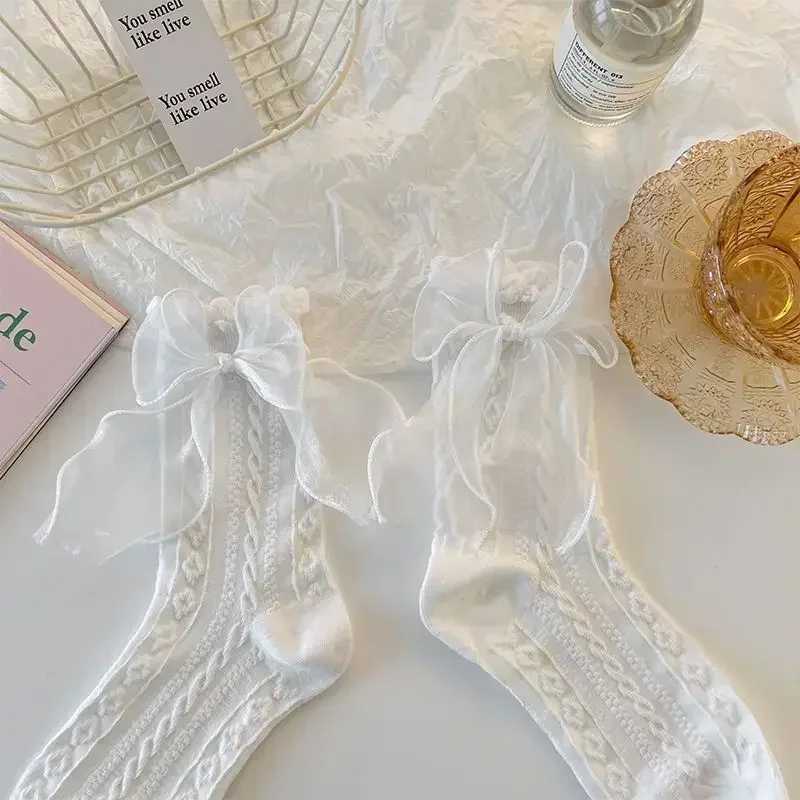 Medium tube solid lace bow ruffle Kaii Lolita short cotton JK Japanese lace work socks womens long socks W241028