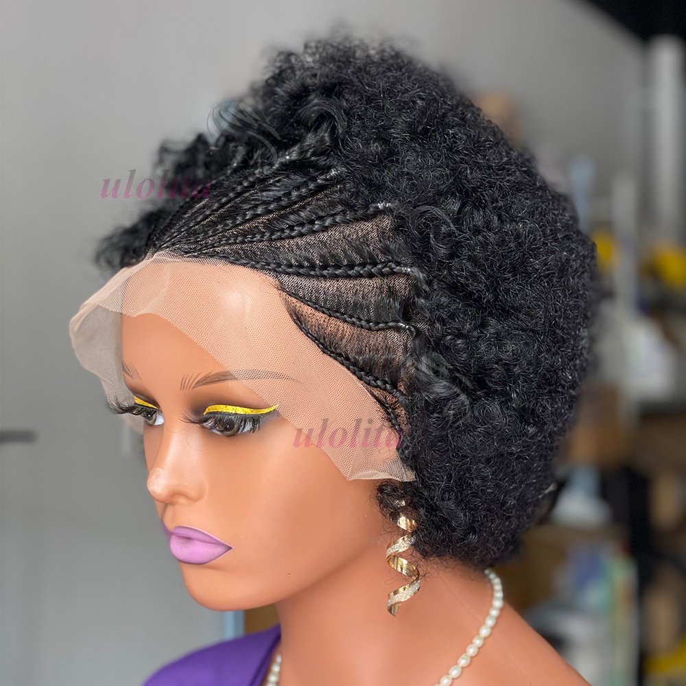 6 inch Afro Kinky Human Hair with Braids 180% Density 13x4 Transparent Lace Short Curly Bob Wigs for Women PrePlucked