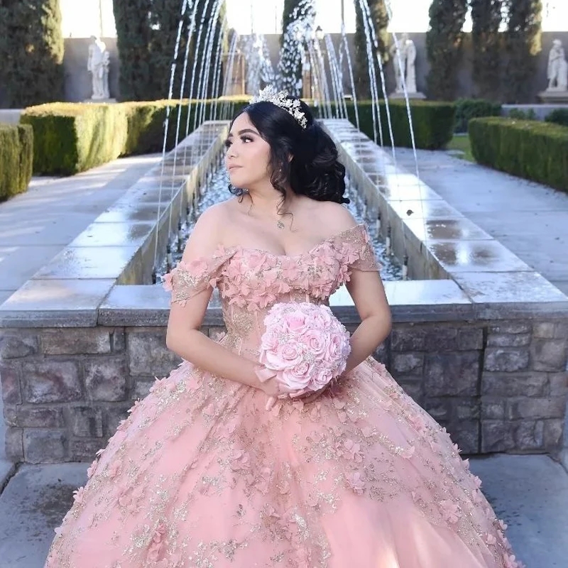 Pink Sweetheart Ball Gown Quinceanera Dresses Sweet 16 Dress Off The Shoulder Gold Sequin Applique Lace Tull Birthday Party Princess Gowns