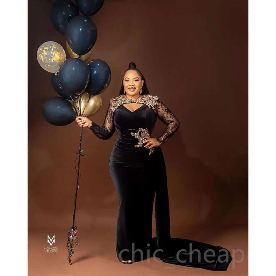 Arabic Sheath Ebi Aso Black Prom Dress Lace Beaded Veet Evening Formal Party Second Reception Birthday Engagement Gowns Dresses Robe De Soiree Es 0914