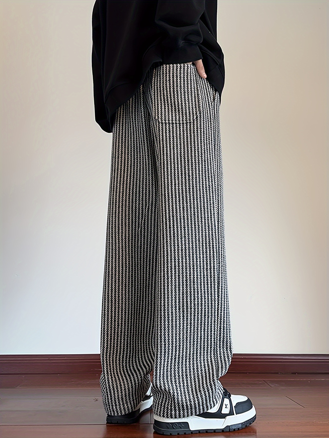Men's casual striped pants with waistband design - mid waist design, polyester fabric, elastic waistband, straight cut, with waistband included