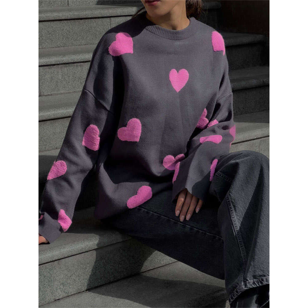 Fashion Chic Printed Heart Knitted Pullover Women Casual Round Neck Long Sleeve Loose Sweater Autumn New Female Commuting Jumper