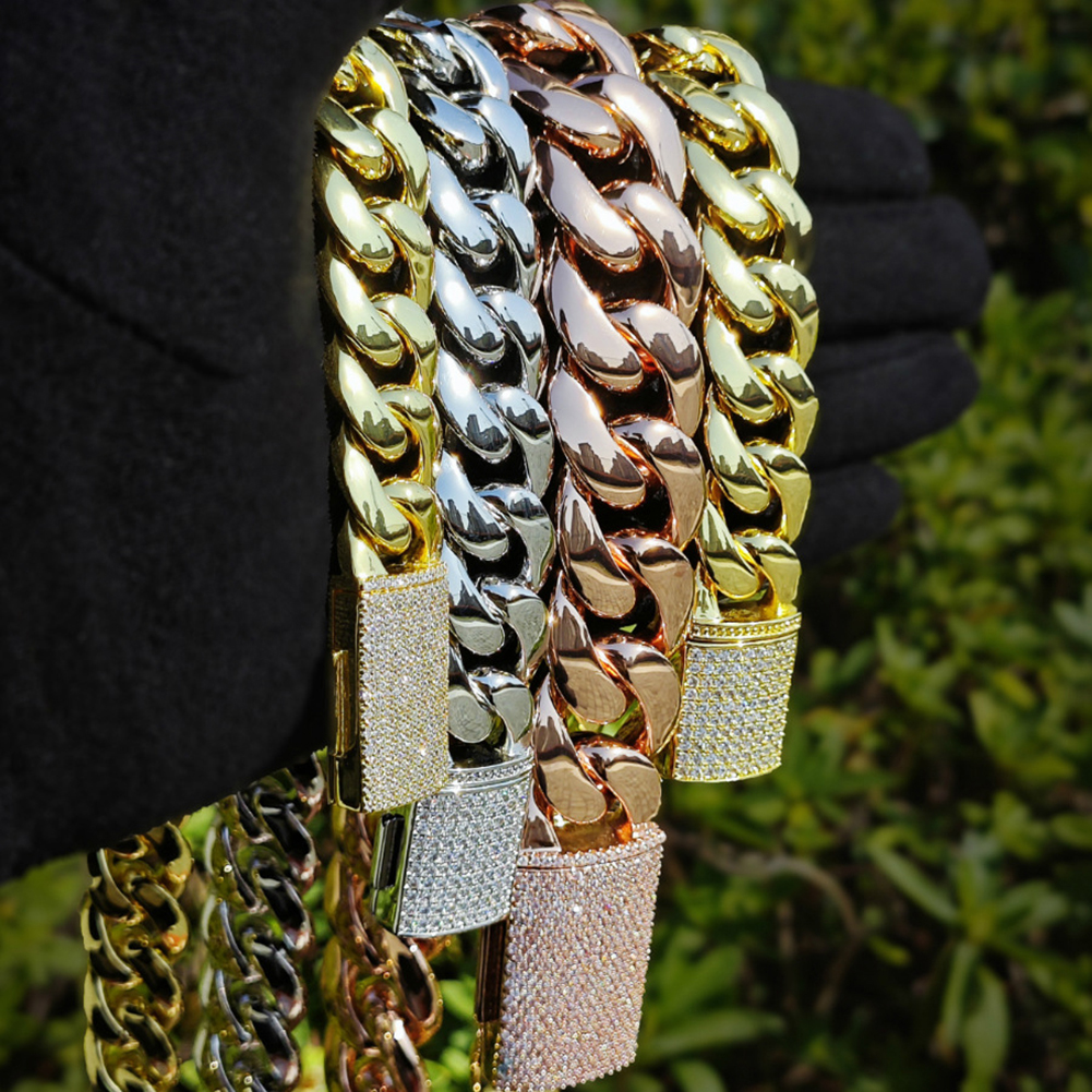 16mm-22mm Hip Hop Shiny Miami Cuban Chain 18K Real Gold Plated CZ Clasp Jewelry