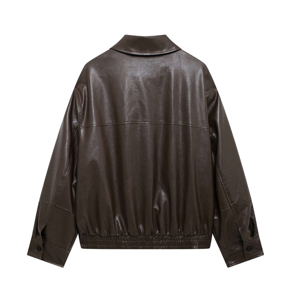 TRAFZA Women Fashion Vintage PU Leather Zipper Pockets Ed Jacket New 2024 Autumn Winter Pilot Commuter Loose Coat