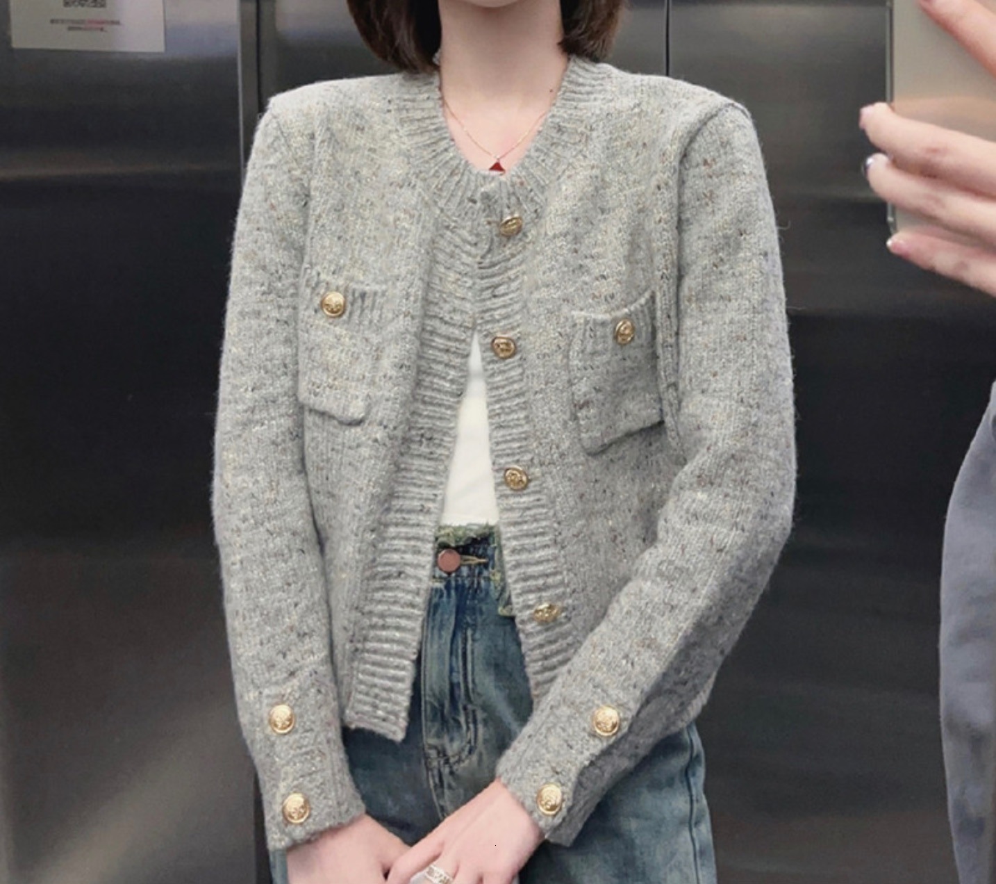 Korean Grey Knitted Cardigan Autumn New Style Small Fragrant Round Neck Short Sweater Women Coat F1028#38