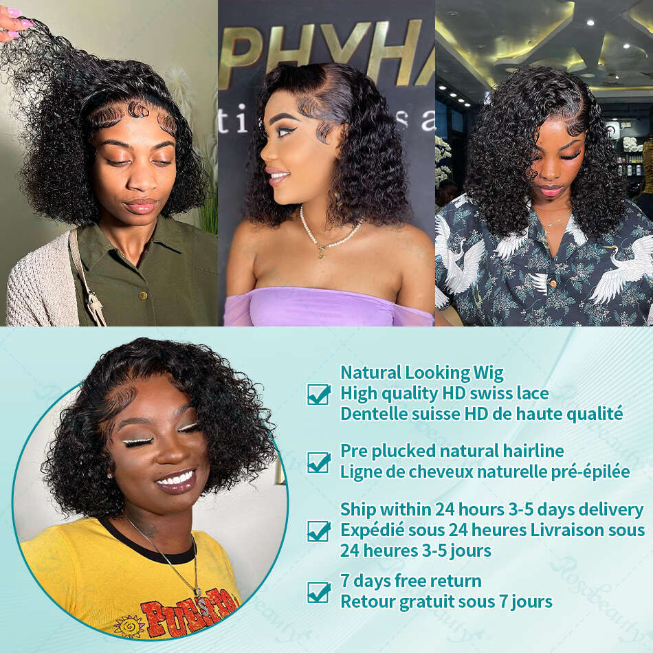 Rosabeauty Kinky Short Bob Human Hair Wigs Curly x Transparent Lace Frontal Wig Loose Deep Wave Closure Preplucked