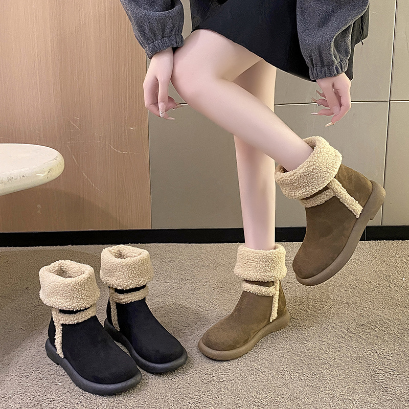 Women's Fashion Boots:Thick Sole Snow Boots Winter Fleece Warm Simple Design Flat Bottom,Black/Brown,Free shipping