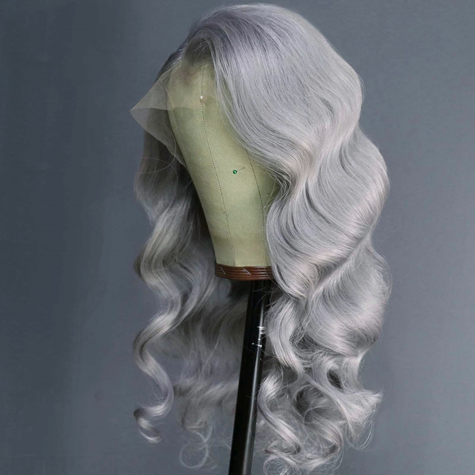 Front Synthetic Lace Glueless Wavy Sier Wig Body Wave Long Grey Hair Wigs for Women