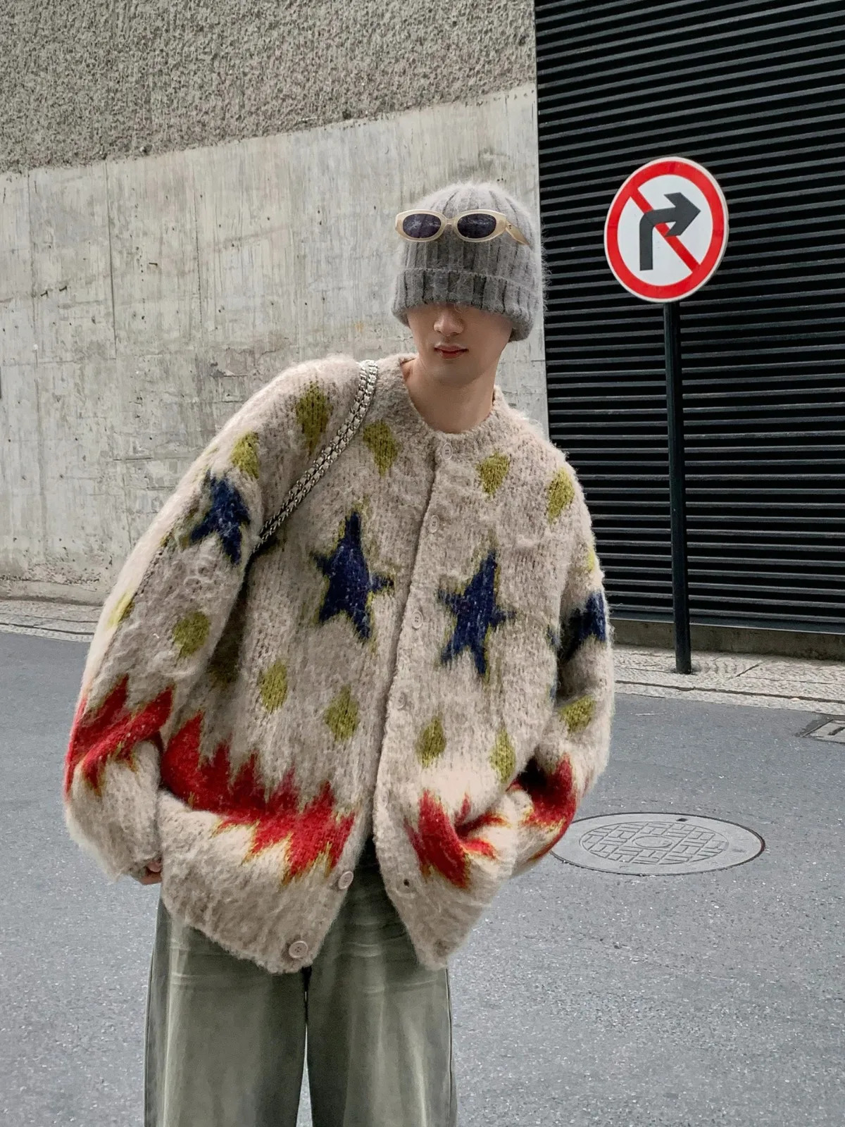 Christmas Atmosphere Sweater Jacket Mens Autumn and Winter Loose Retro Lazy Style Star Diamond Grid Knitted Cardigan Clothing 241024