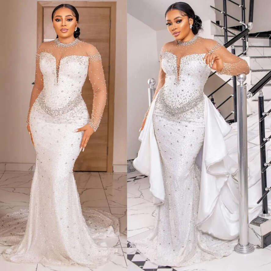 Mermaid Wedding Dress Bride Plus Size Sheer Neck Long Sleeves Lace Beaded Bridal Gowns For African Marriage Black Women With Detachable Train Cdw199 0