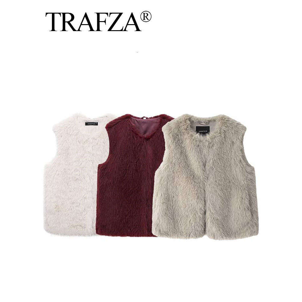 TRAFZA Autumn Women Faux Fur Soft Vest Coat Vintage Solid O Neck Waistcoats Female 2024 Fashion Y2k High Street Outerwear Top