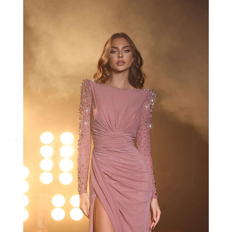 Pink Elegant Evening Bateau Neck Beads Crystal Long Sleeves Formal Party Prom Dress Split Red Carpet Dresses For Special Ocns