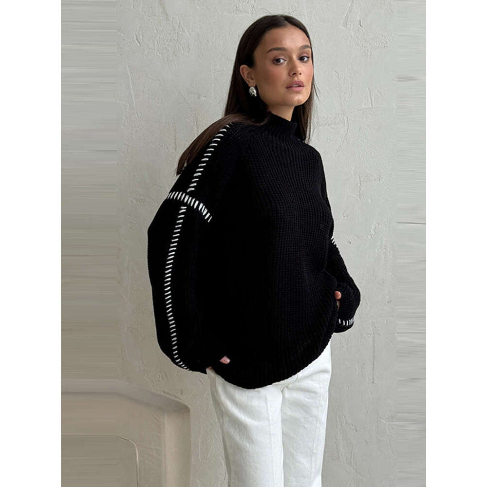 Knitted Contrast Women Sweater Elegant O-Neck Long Sleeve Lady Pullover 2024 Autumn Winter Patchwork Commuter Female Outwear