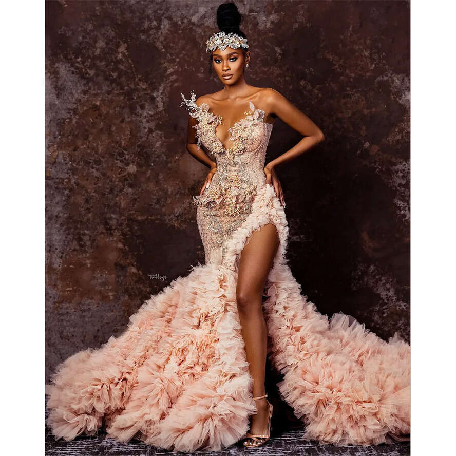 2024 Arabic Aso Ebi Champagne Mermaid Wedding Dresses Lace Beaded Crystals Urious Bridal Gowns Dress 0509
