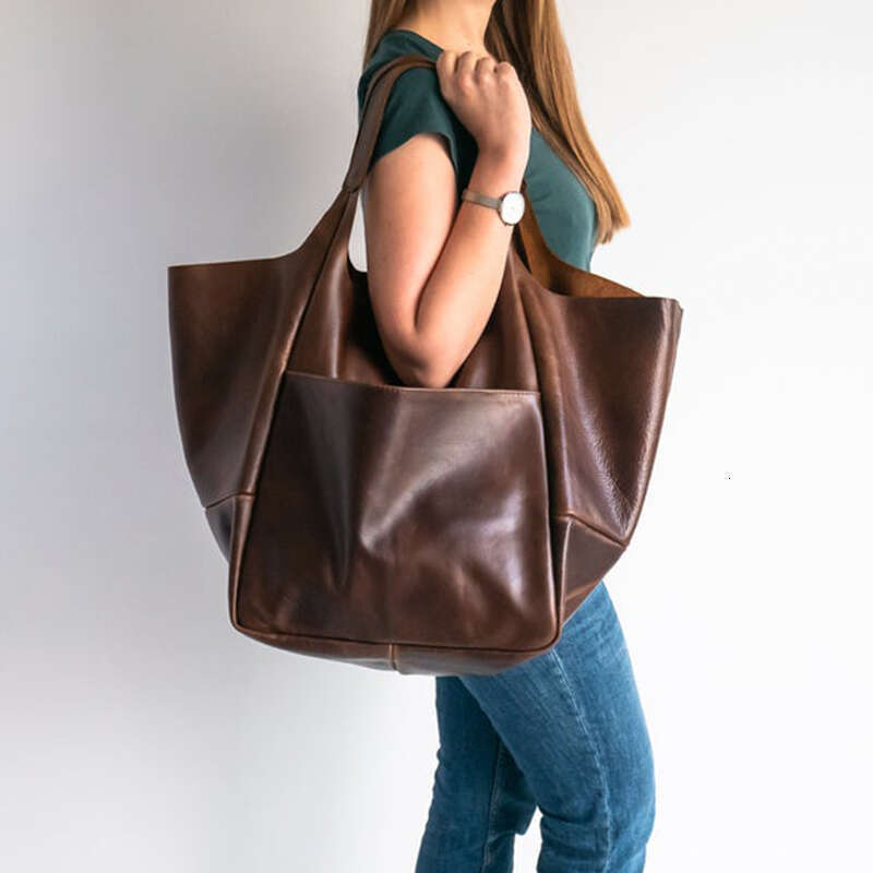 Handmade Rretro Big Beach Tote Bag High Capacity Zipper Shoulder Solid Color Multifunction Handbags For Ladies