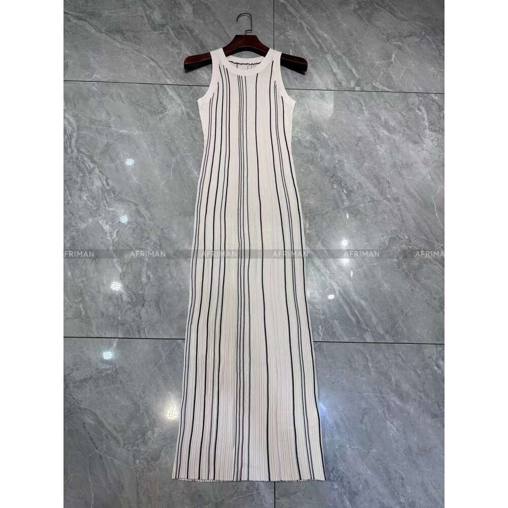 Women Braided Trim Cable Knit Round Neck Sleeveless Striped Slim Long Step Dress
