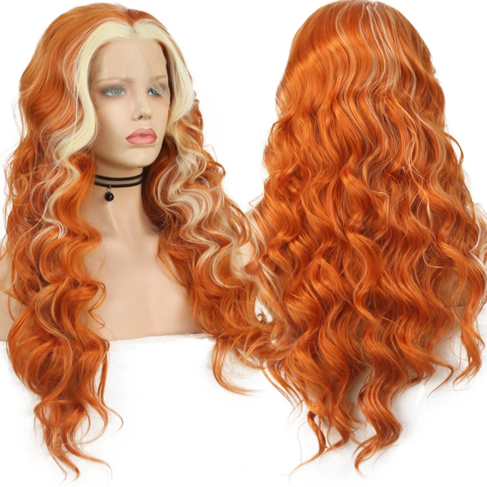 Ginger with Blonde Highlights Synthetic Lace Front Wig Loose Deep Long Curly Wavy Hair 13X4 Frontal Wigs for Women Party