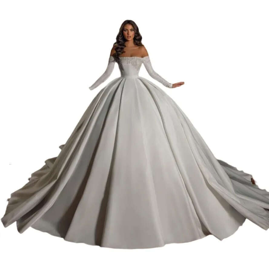 Strapless Ball Gown Dresses Sleeves Beads Crystal Bg Princess Queen Wedding Dress Long Train Bridal Gowns 0515
