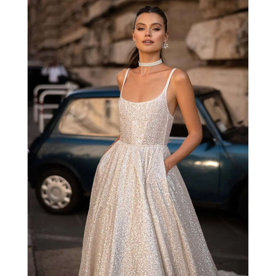 Berta A E Dresses Straps Bone Bodice Glitter Wedding Gown Sweep Train Designer Bridal Gowns 0515