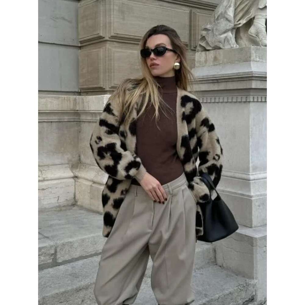 Vintage Leopard Print V Neck Knitted Cardigans Women Chic Long Lantern Sleeves Loose Sweaters Autumn Casual Commuting Knitwears
