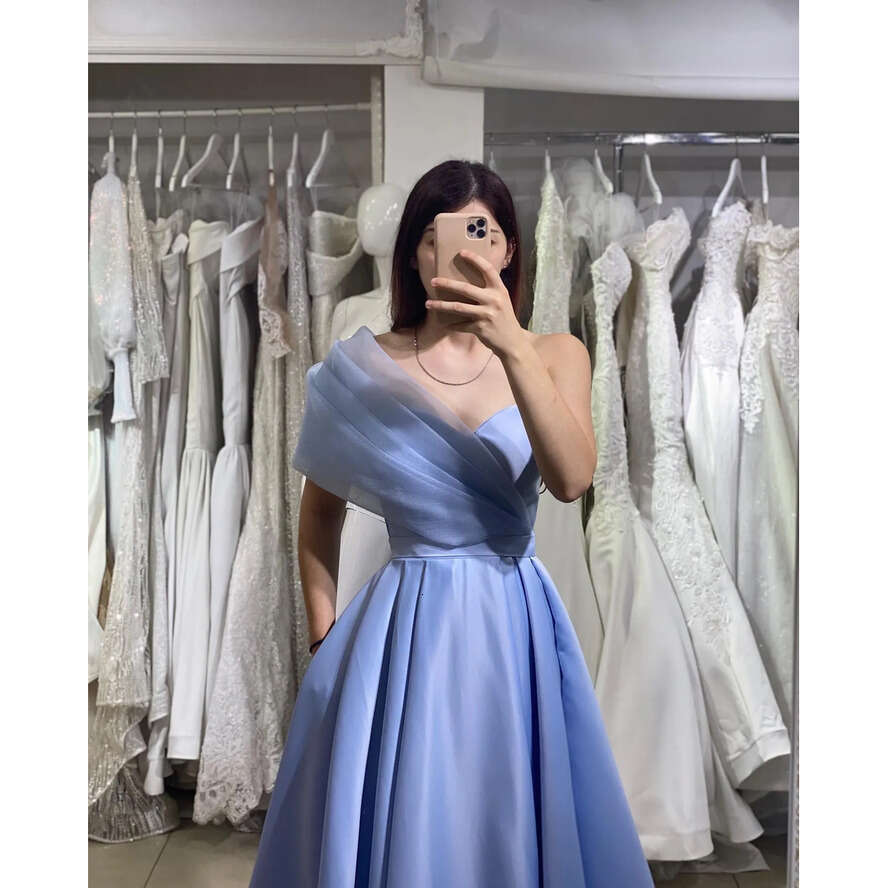Elegant Baby Blue Evening Dresses Off Shoulder A E Party Prom Pleats Long Dress For Special Ocn 0515
