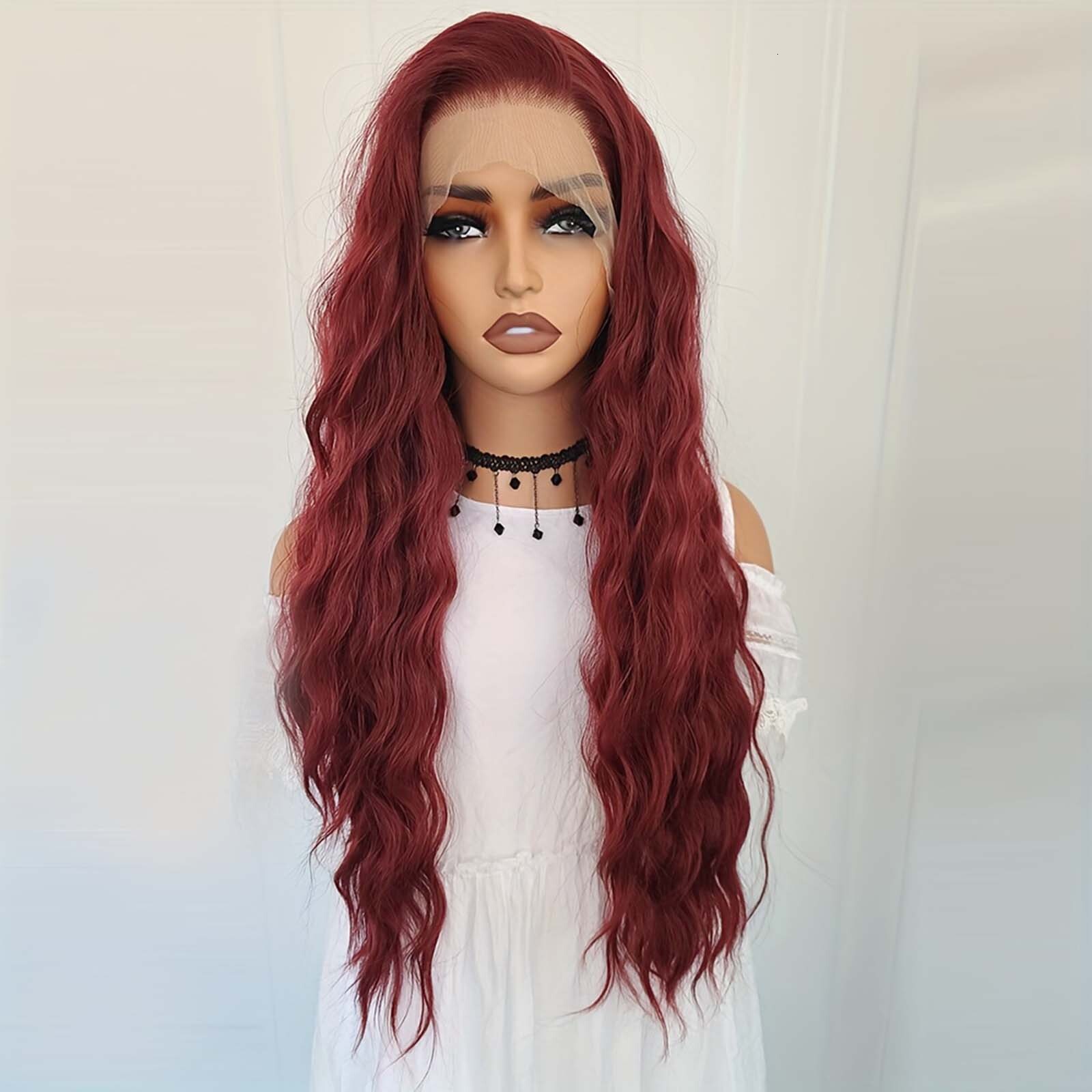 Bury Long Curly Synthetic Lace Front Wig Natural Wavy Deep Wave Dark Red Colored Hair 13X4 Frontal Wigs for Women Party