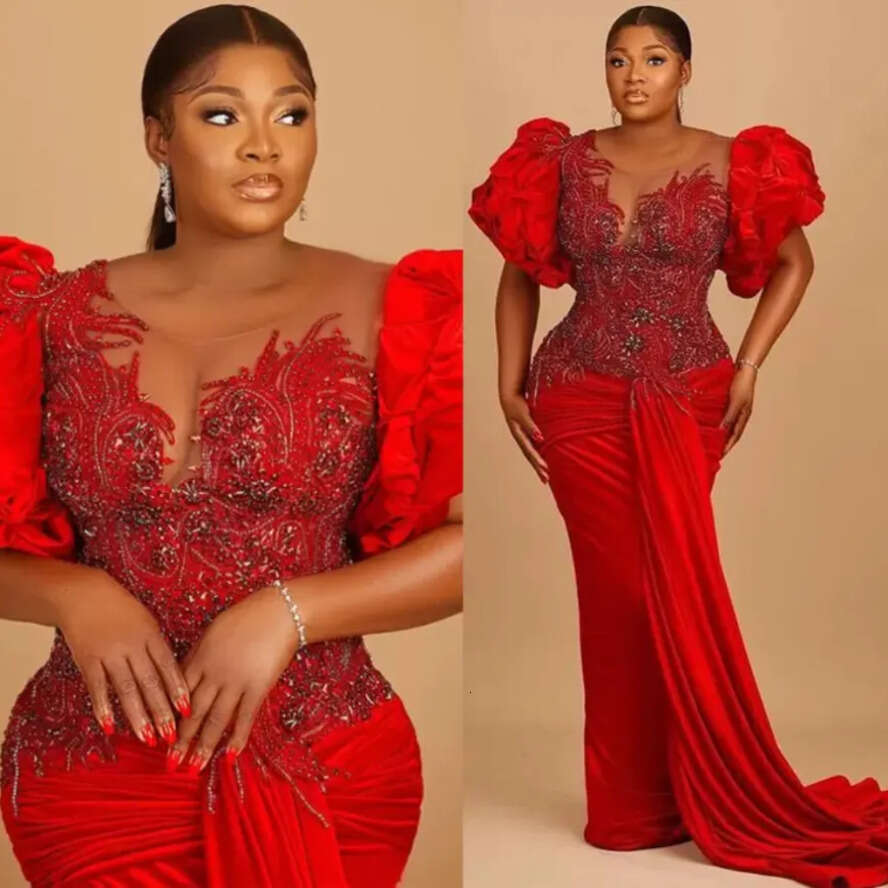 2022 Red Urious Sexy Prom Dresses Lace Beaded Crystals Evening Formal Party Second Reception Birthday Engagement Gowns Dress Plus Size Arabic Aso Ebi