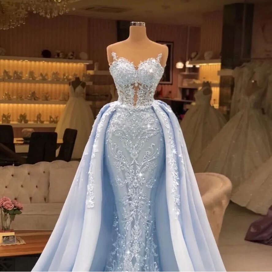 New Year's Overkirts Light Mermaid Evening Dresses Arabic Aso Ebi Sheer Neck Sleeveless Lace Appliques Women Formal Prom Party Gowns Plus Size