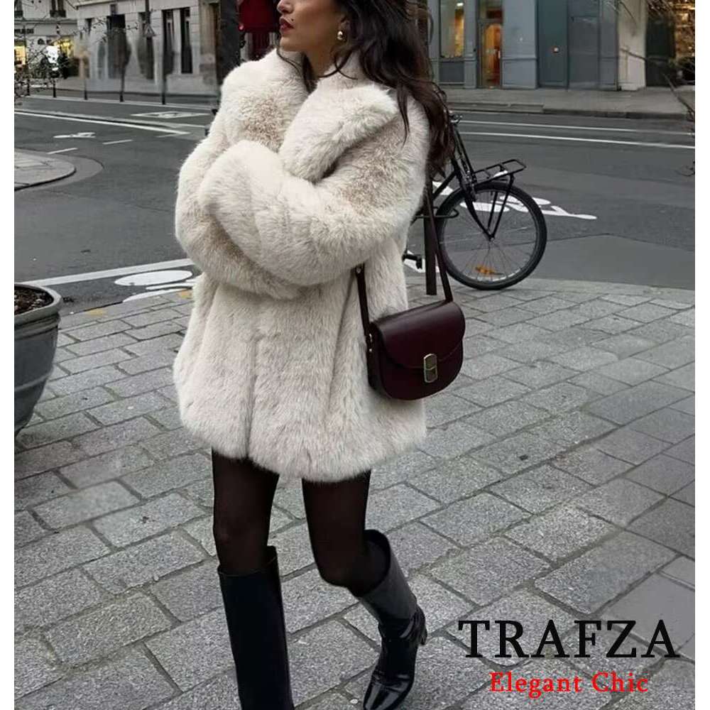 TRAFZA Elegant Loose Women's Lapel Jacket New 2024 Winter Fashion Glamorous High Street Faux Fur Coat