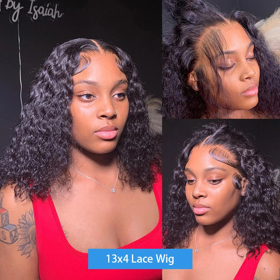 4x4 Deep Wave Wig Front Human Hair Brazilian Remy 13x4 Water Curly Short Bob 180% Lace Closure Wigs For Women