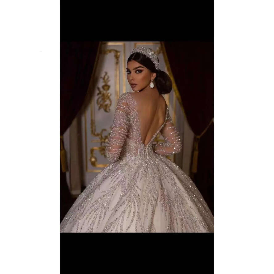 Crystal Ball Gown Dresses Scoop Neck Illusion Long Sleeves Wedding Dress Rhies Designer Bridal Gowns 0515 0218