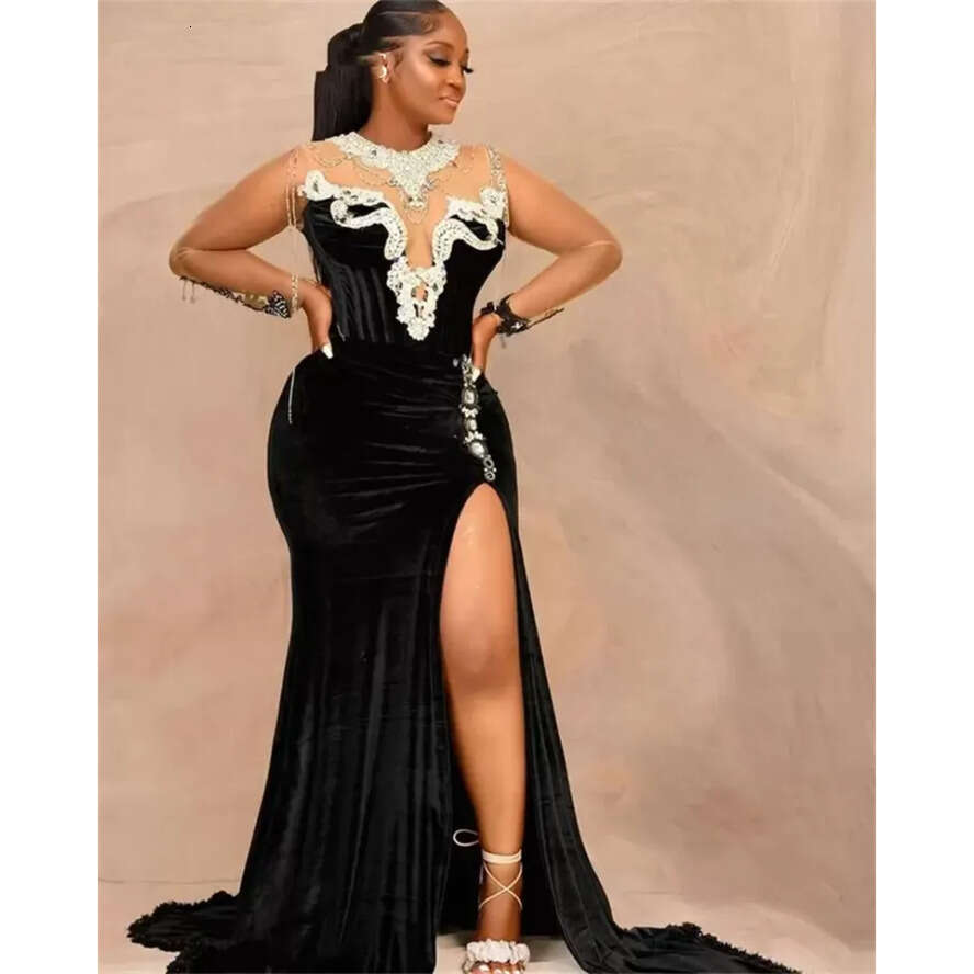 2022 Black Veet Mermaid Prom Dress Sexy Sheer Neck High Slit Long Sleeves Plus Size Fromal Evening Party Gowns
