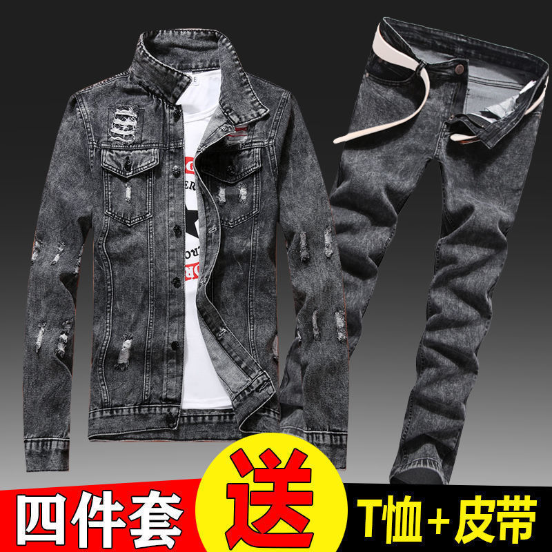 Mens Slim Fit Denim Jacket Pants 2pcs Set Long Sleeve Coats Letters Printed Casual Large Size Black White Red Boys Trousers 240624