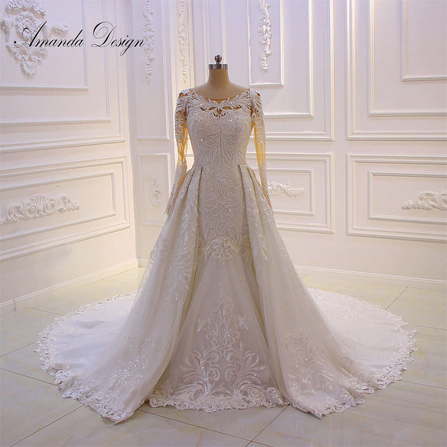 Amanda Design gelik Long Sleeve Lace Appliqued African Wedding Dress with Detachable Skirt