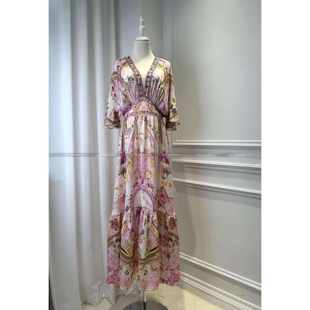 Women V Neck Crystal Beaded Short Flare Sleeve Pink Wer Print 100% Silk Maxi Long Dress