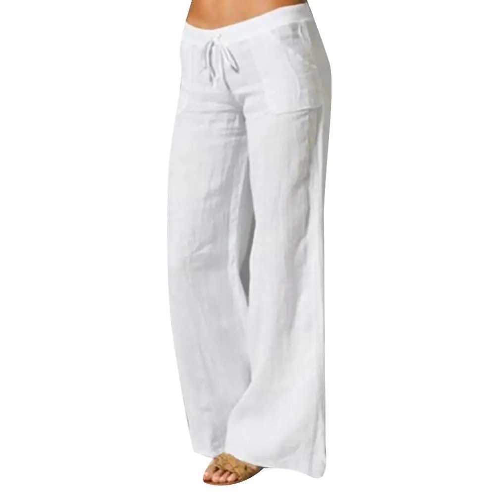 Vintage Womens Linen Pants Palazzo 2024 Casual Loose Wide Leg Pants Elastic Waist PantsXJ250403