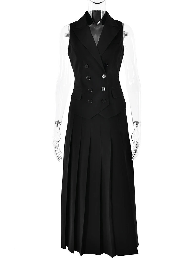 Fantoye Notched Collar Pleated Two Piece Set Women Blazer Suit Single Breasted Vest High Slit Skirt Autumn Elegant Skirt Set 241028