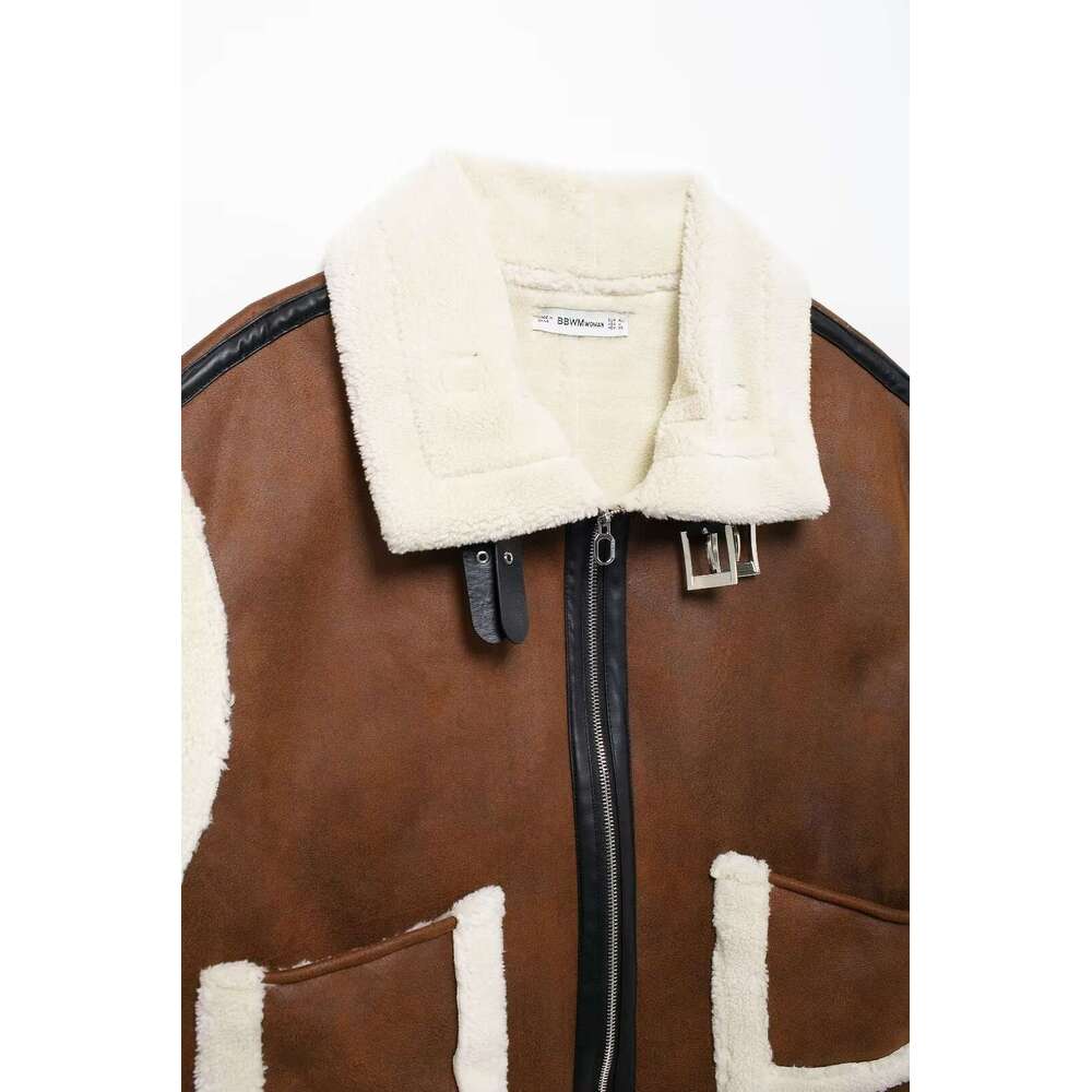 TRAFZA Vintage Fall Winter Fleece Women's Lapel Zipper Pocket New 2024 Fashion Casual Elegant Retro Vest