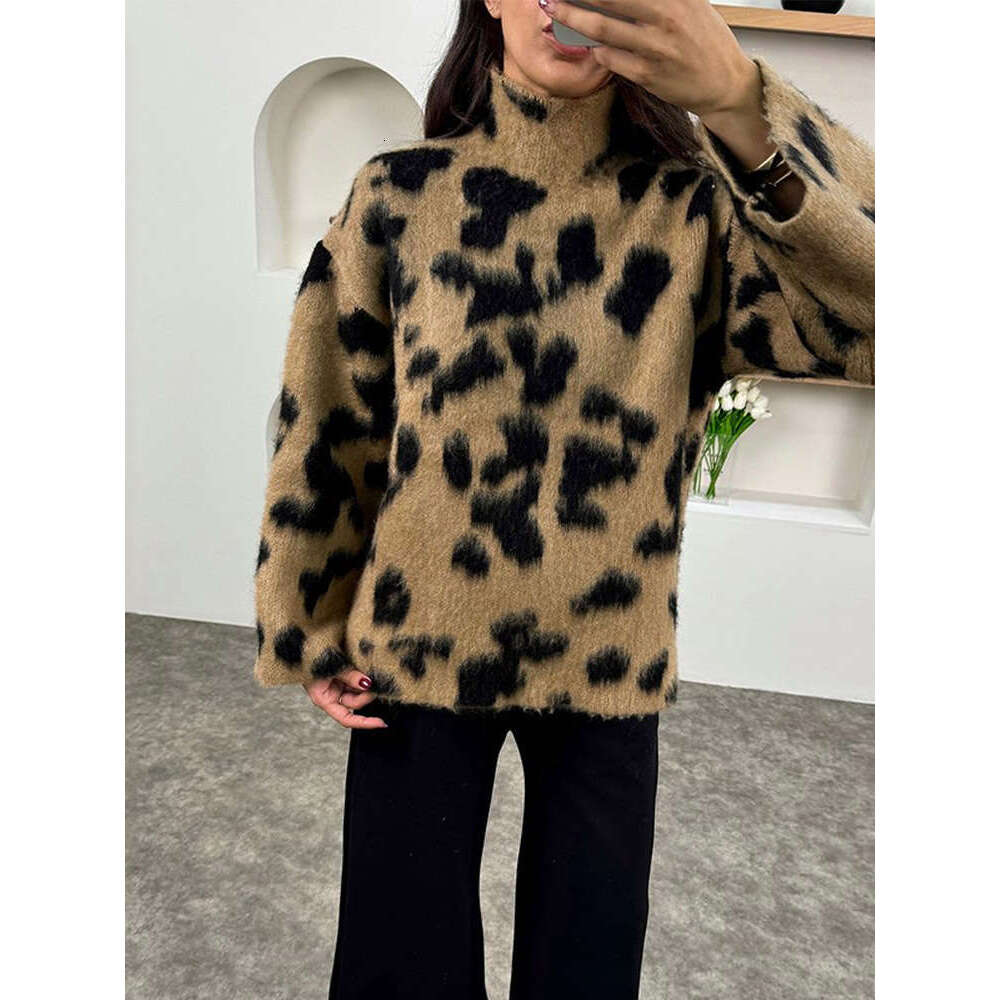 2024 Fashion Leopard Printed Mohair Cashmere Pullover For Women Chic Oversized Turtleneck Knitted Jumper New Lady Retro Knitwear