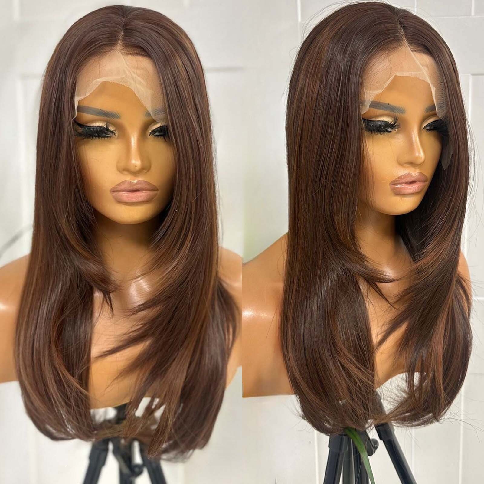 Mixed Brown Highlight Lace Front Wig Synthetic Hair Layered Straight Natural Wavy Brunette Colored 13X4 Frontal Wigs for Women
