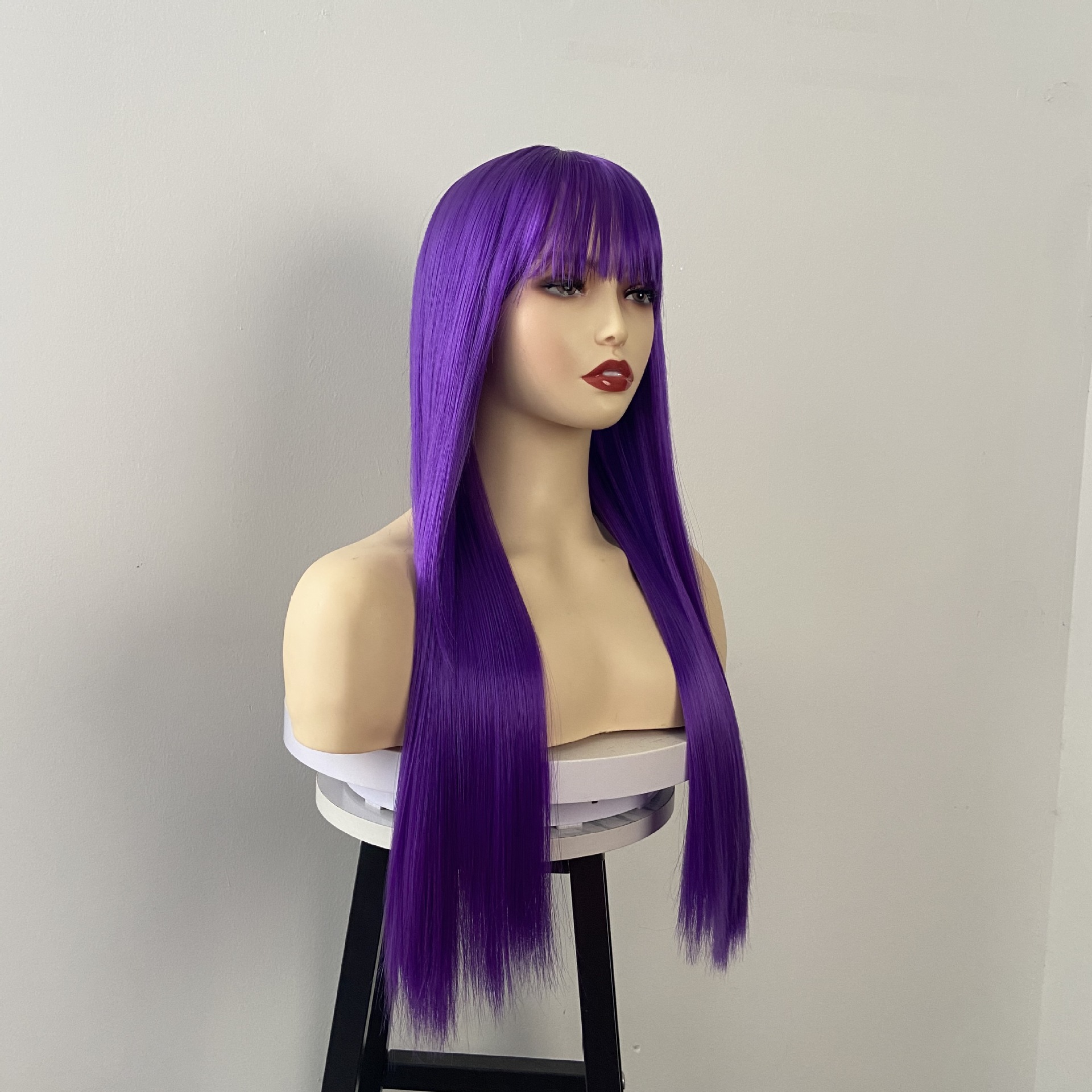 Hot selling wig for women purple long straight hair with bangs simulation scalp long hair full headpiece