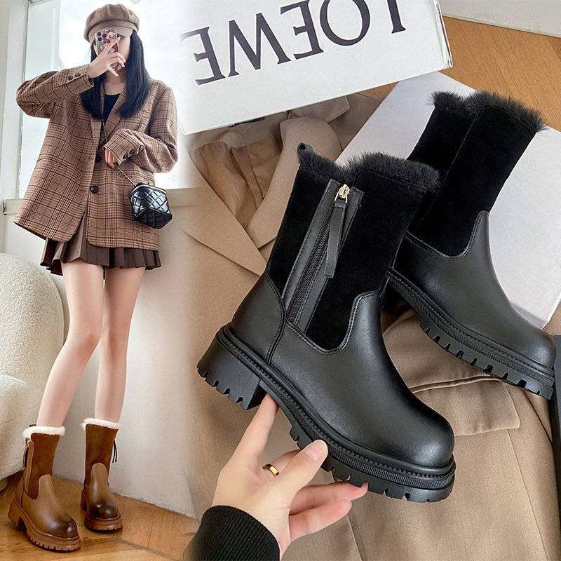 Women's Winter Boots: Fleece ed, Versatile Design, Round Toe Chunky Heel Martin Boots in Black/Brown, Free Shipping 52fa