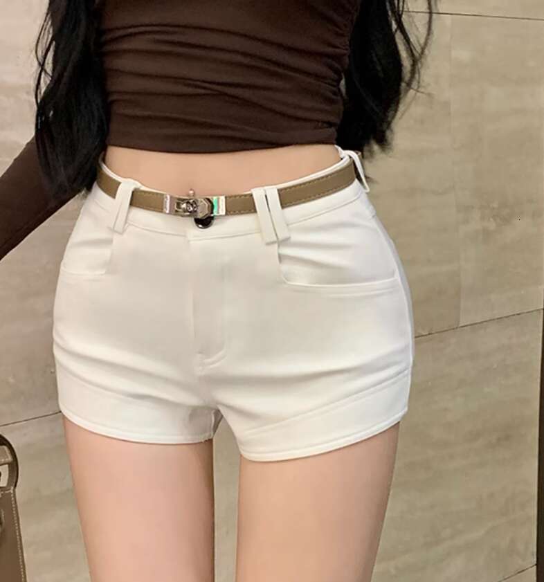 Women's white casual shorts with high waist and elastic slim fit, spicy girl tight pants