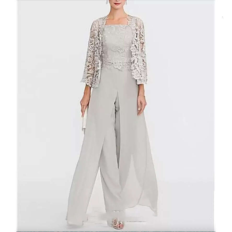 Elegant Chiffon Mother Of The Bride Pants Suit With Short Lace Jacket Cheap Wedding Guest Dresses Women Beach Country Formal Party Wear 0431