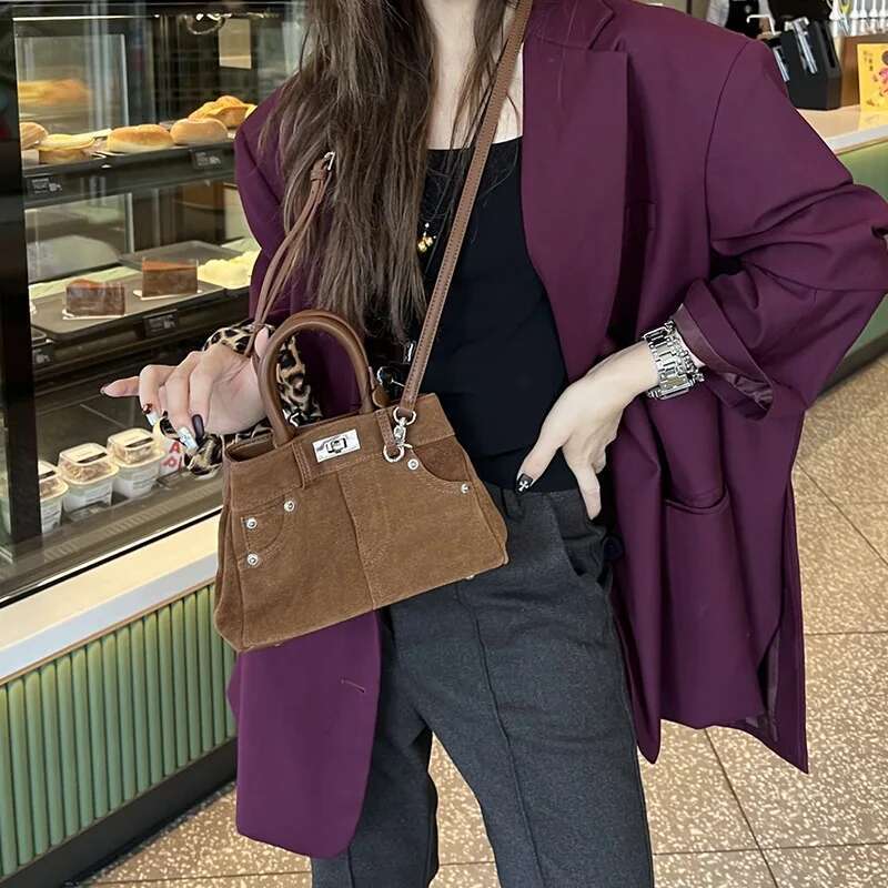 Winter Jeans Shape Innovative Design 2 Size Coffee Tote Matte Suede Cow Leather Women Handbag Casual Ladies Shoulder Bag