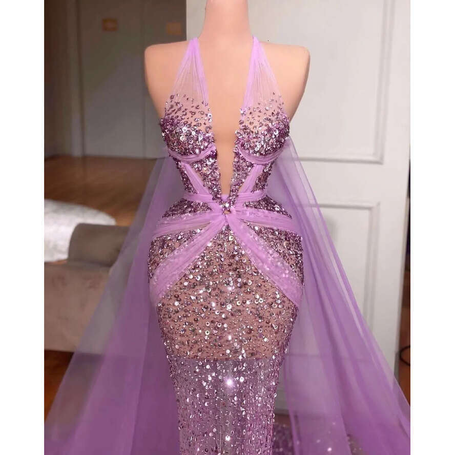 Purple Mermaid Prom Sleeveless V Neck Lace Halter Appliques Hollow Sexy Shiny Sequins Beaded Or Length Celebrity Evening Dresses Plus Size Custom Made