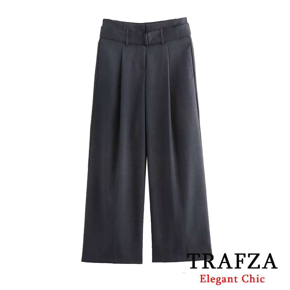 TRAFZA Elegant Straight-Leg Trouser Women's Belted Solid Simple With Belt New 2024 Spring Fall Fashion Commuter Casual Pant