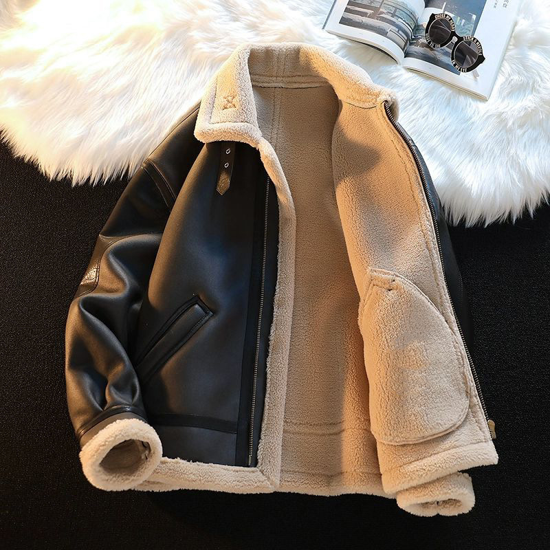 2024 New Designer Men's Winter Plush Thick Motorcycle Set Fashion Brand Deer Cotton Jacket Lamb Leather Jacket Leather Integration