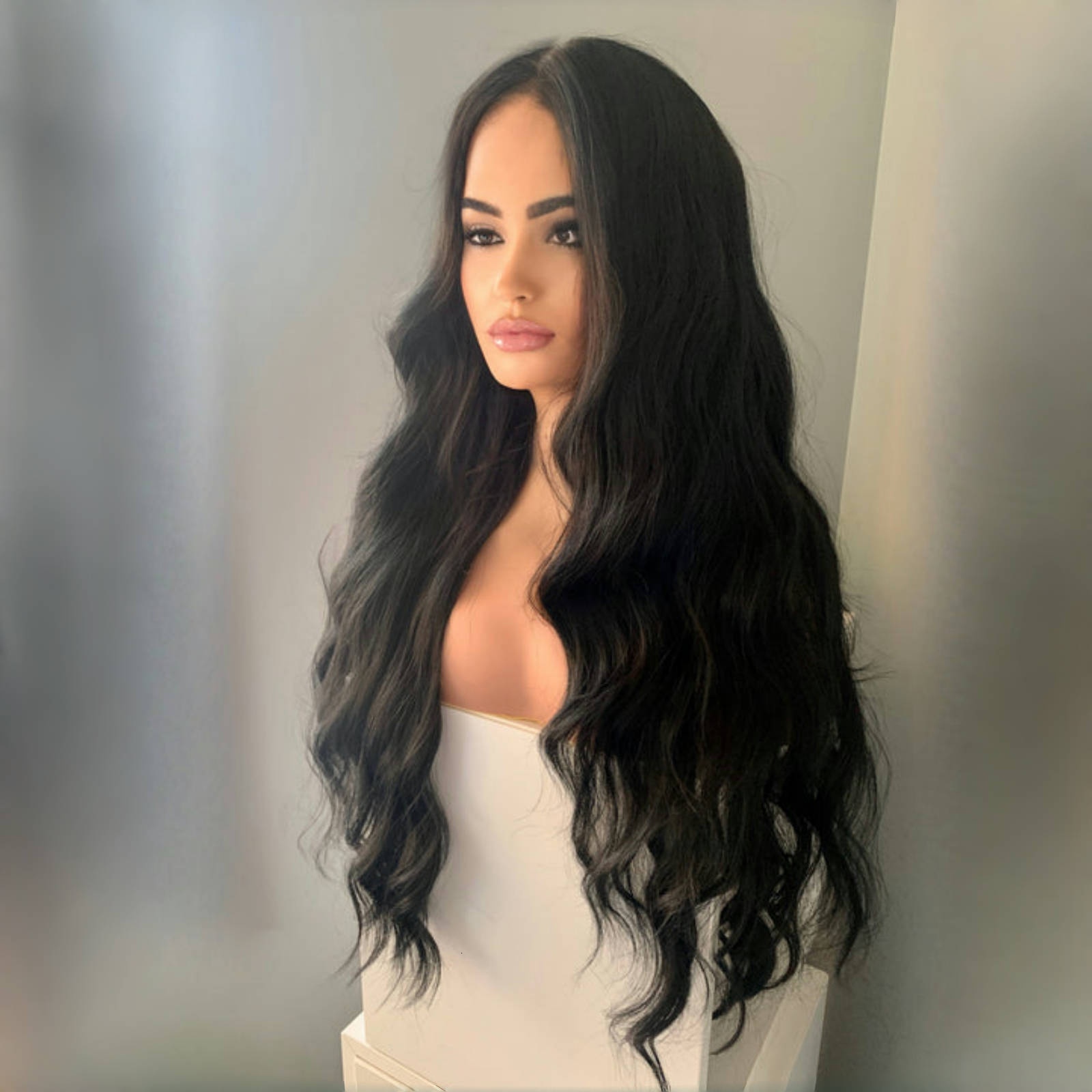 13X4 Loose Deep Wave Synthetic Front Wig Long Black Colored Natural Wavy Lace Frontal Curly Wigs for Women Party
